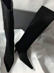 法式博主風尖頭寬筒及膝靴，北歐風小貓跟女款騎馬靴，Ins時尚 - 黑色 - 查看 2