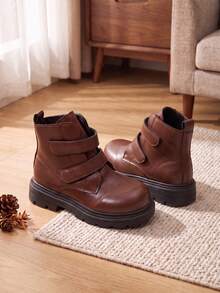 1 Pair Girls' Brown Double Hook & Loop Ankle Boots, Simple Retro Thick Sole Kids' Work Boots, Versatile Boots For Little Girls' School And Daily Outings In Autumn/Winter - Coffee Brown - View 5