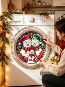 1pc Xmas Snowman Decal Sticker, Round Self-Adhesive Washing Machine Door Decor, Removable Waterproof Art Mural For Laundry Room, Kitchen, Fridge, Cabinet, Holiday Home Wall Decor - View 5