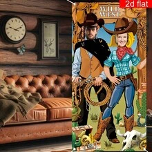 2D Door Banner, 1pc, Wild West Cow Theme Photo Door Banner, Polyester Material, Bright And Durable, Suitable For Hunter Photo Props Party Supplies Face Silhouette Background Birthday Party Decoration - Multicolor - View 5