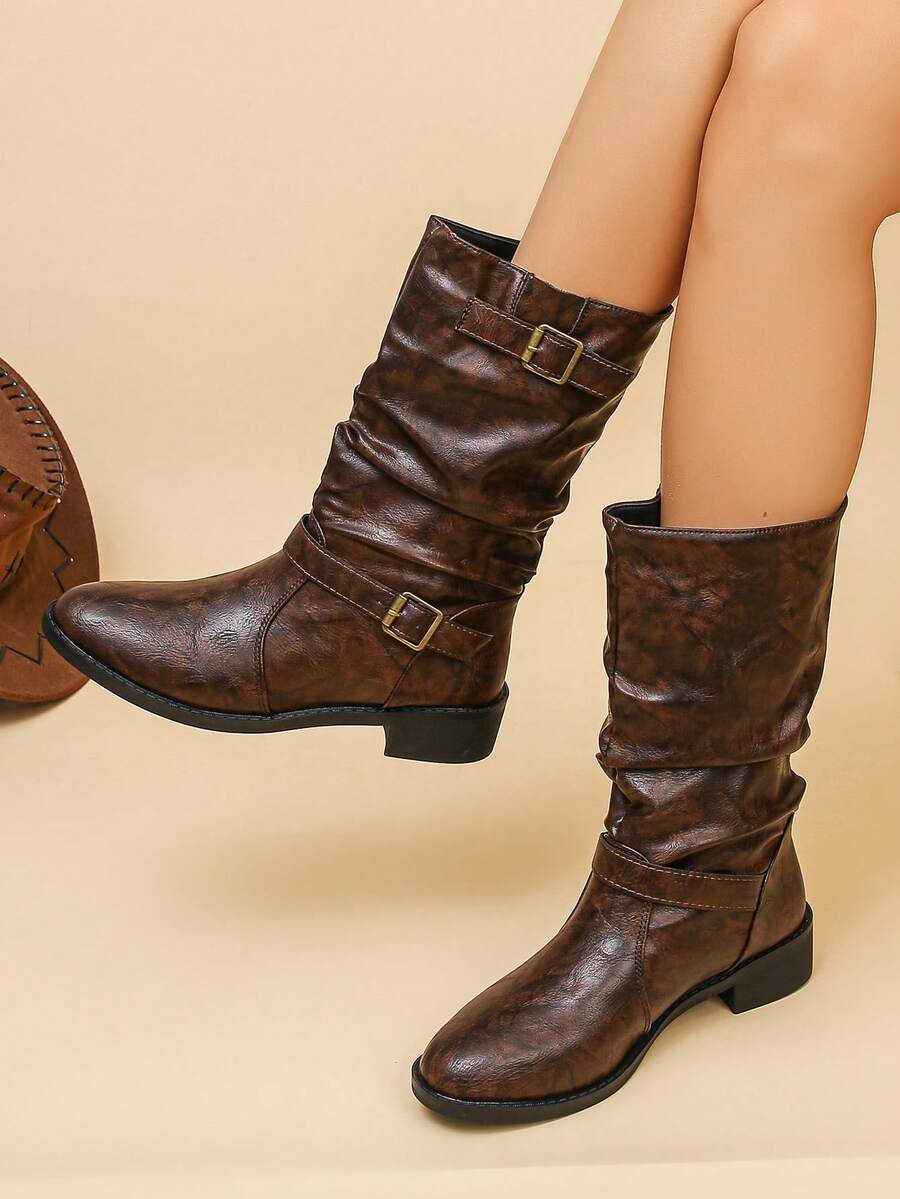Vintage Distressed Brown Slouch Mid-Calf Boots For Women, Metal Buckle Belt Decor, Chunky Heel Western Riding Boots, Versatile For Autumn/Winter - Brown - View 1