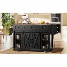 Kitchen Island Trolley With Extendable Worktop, 91cm Working Height, White/Black, Load Capacity Up To 75kg - Black + MDF - View 2