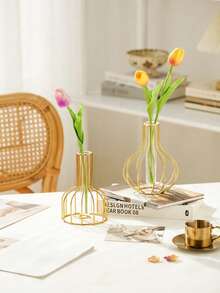 1pc Transparent Glass Vase With Wrought Iron Frame, Geometric Test Tube Shape, Suitable For Hydroponic Flowers, Bohemian Farmhouse Style Desktop, Mantel Or Wedding Reception Decor, Perfect As Housewarming Gift Modern Floral Arrangement Base - Gold - View 10