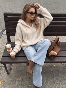 Vuslat Women's Autumn Casual Minimalist V-Neck Drawstring Soft Teddy Fleece Pullover Sweatshirt Sweatshirt For Commuting, Campus, Street, Shopping - Apricot - View 5