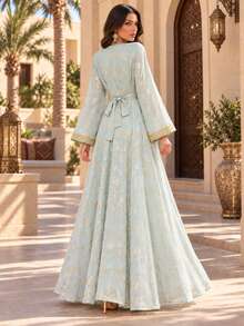 Women's Elegant V-Neck Loose Long Sleeve Ribbon Patchwork Dress - Green - View 3