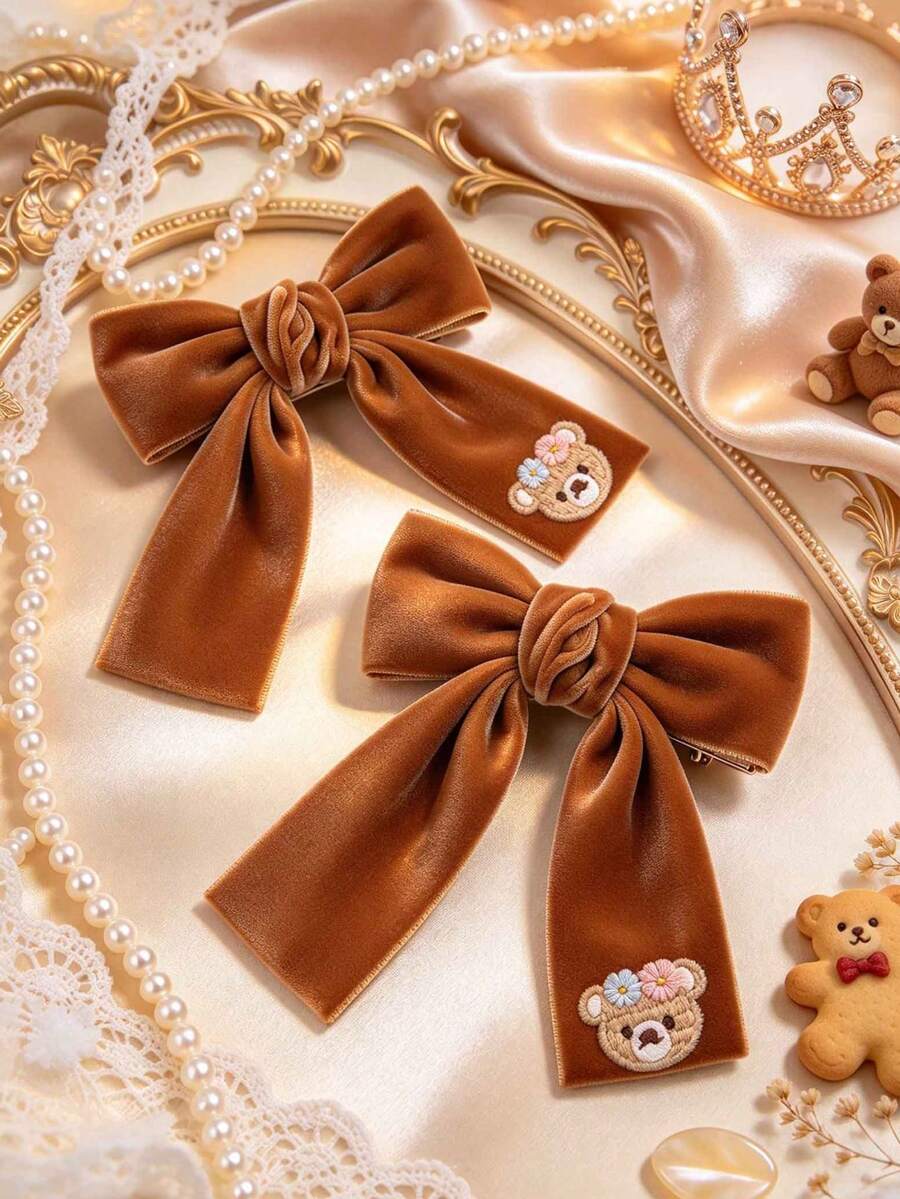 2件裝棕色天鵝絨女孩髮夾,附蝴蝶結,可愛熊刺繡裝飾鱷魚夾,適合日常、新年、假日派對、生日、聖誕、休閒,秋冬兒童髮飾 - 彩色 - 查看 1
