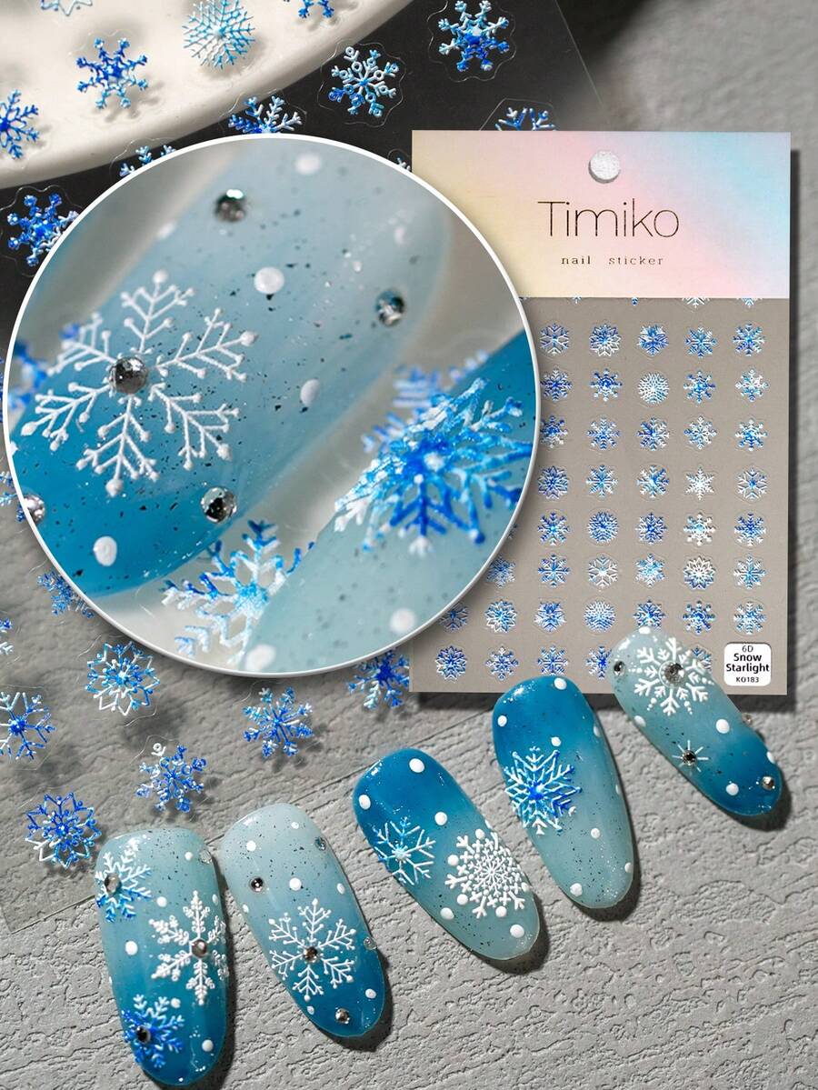 1張冬季冰藍亮片雪花美甲貼紙,包含多種漸層藍色亮片雪花元素與多樣形狀,適合冬季聚會、聖誕派對、跨年約會,美甲愛好者與初學者DIY美甲首選 - 藍白色 - 查看 1