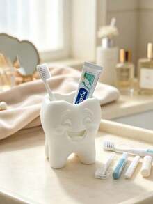 1pc Creative Smiling Face Tooth Design Toothbrush Holder, Cute Quirky Desktop Storage Cup, Bathroom Countertop Toothpaste And Toothbrush Organizer, Dental Clinic Decor Ornament, Bathroom Storage - Multicolor - View 7