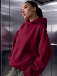 Women's Casual Comfortable Fleece Loose Hooded Sweatshirt, Autumn/Winter Daily Wear, Wardrobe Essential Fall - Burgundy - View 6
