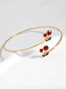 1pc Gold Cherry Rhinestone Open Cuff Bracelet, Niche Personalized Luxury Sweet Cool Arm Accessory For Women - Multicolor - View 3