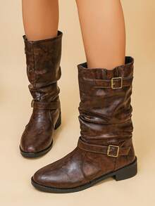 Vintage Distressed Brown Slouch Mid-Calf Boots For Women, Metal Buckle Belt Decor, Chunky Heel Western Riding Boots, Versatile For Autumn/Winter - Brown - View 5