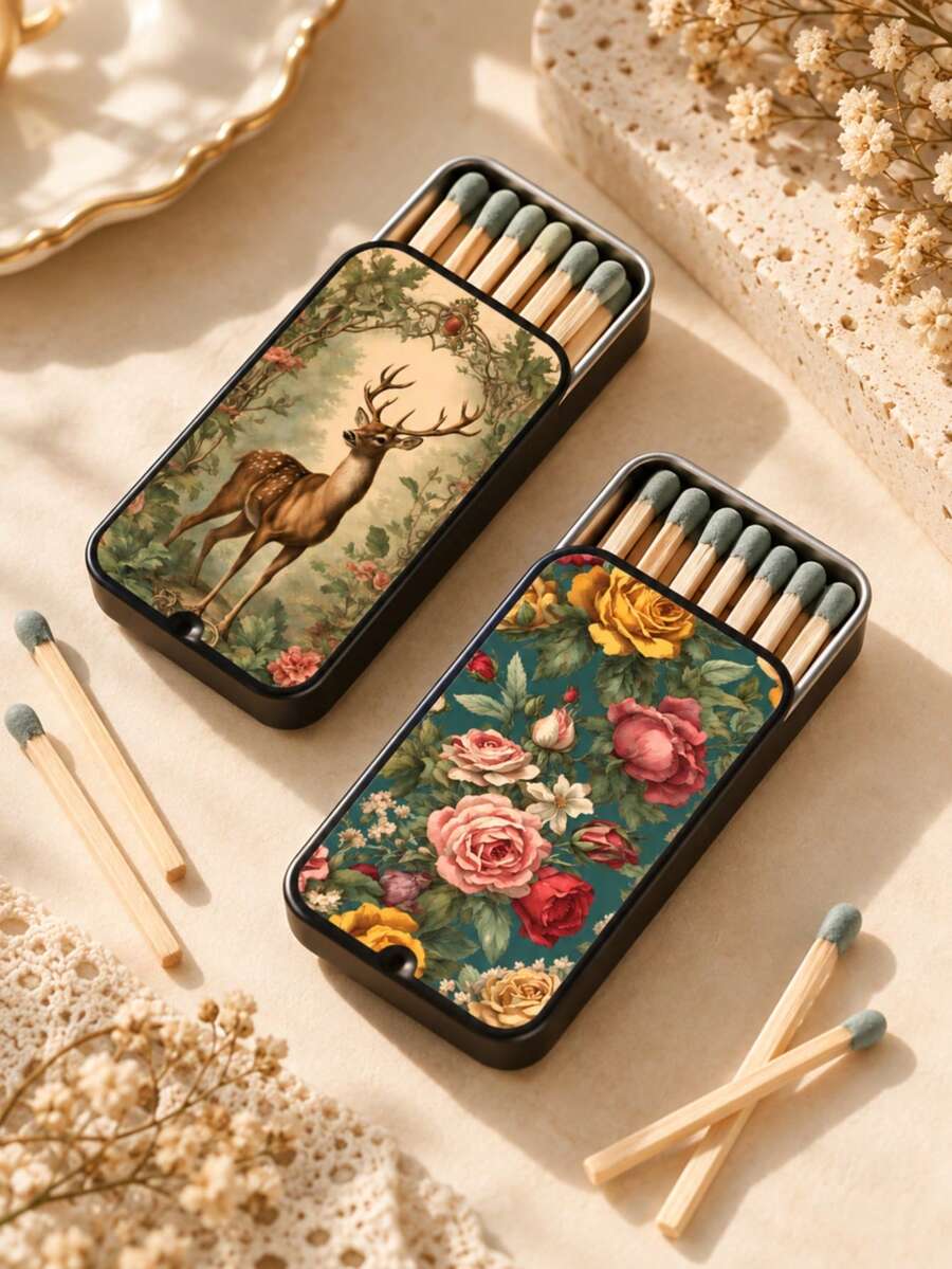 Vintage Floral & Deer Metal Matchbox Case, Decorative Sliding Match ...