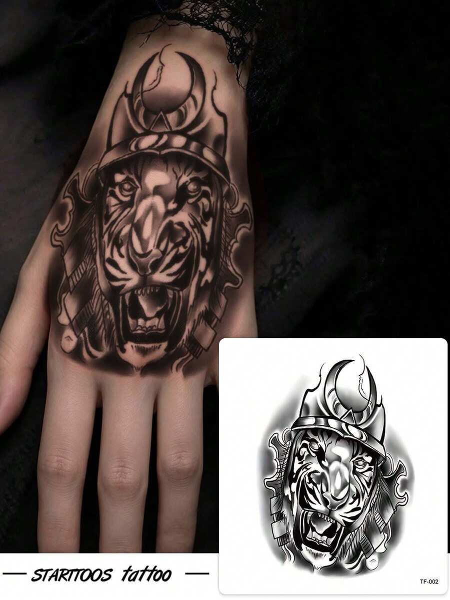 STARTTOOS 1 buah Stiker Tato Temporer Tahan Air Motif Samurai Harimau Hitam yang Keren dan Unik untuk Pesta, Hadiah DIY, Liburan, Festival Musik, untuk Lengan, Bahu, Leher, dan Tulang Selangka - Hitam - View 1