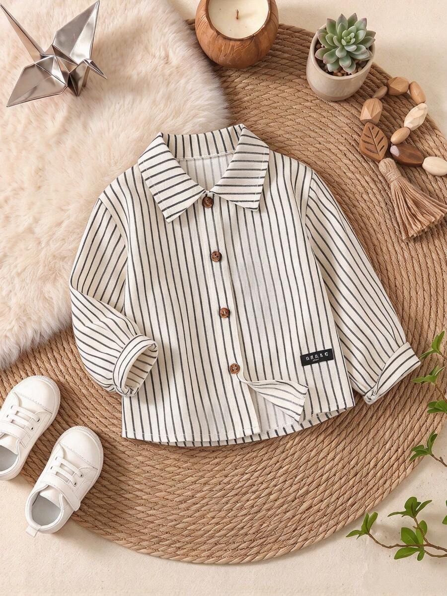 Baby Boy Autumn Simple Striped Collar Long Sleeve Shirt, Casual Comfortable Basic Style Cardigan, Spring Clothing - Apricot - View 1