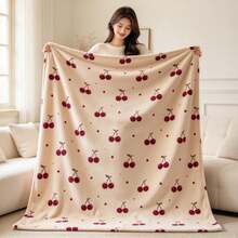 1 Buah Selimut Flanel Motif Ceri Burgundy dengan Dasar Krem, Selimut Dekorasi Sofa Minimalis dan Segar - MultiWarna - View 5