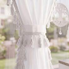 FLYINGCURTAINS ألواح ستائر شفافة بيضاء بطراز ريفي مع حافة شرابات، ستائر نافذة بجيوب عصاية مرشحة للضوء مع أربطة مطابقة، لديكور النوافذ الصغيرة في المطبخ وغرفة المعيشة - أبيض - مشاهدة 5