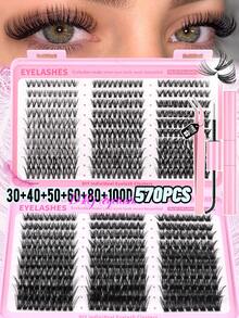 GROINNEYA 570/500Pcs D-Curl High Capacity DIY Lash Kit With Bond And Seal And Lash Applicator Tool Fake Lashes Book Mix Style Dense Lash Clusters 8-16mm Mixed Length 3D Individual Lashes SetNatural Eye Makeup,Suitable For Daily And Date Makeup - Black - View 6