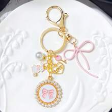 Elegant Gold-Pink Beaded Round Keychain With Pink Bow And Small Rabbit Charm, Fashionable Cartoon Accessory, Bag Pendant, Suitable For Easter, Valentine's Day And Other Holidays - Gold - View 8