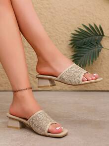 Sandal Selop Hak Tebal Ujung Persegi Elegan Gaya Prancis, Cocok untuk Pakaian Kasual, Perjalanan, Kencan, Acara Santai, dan Aktivitas Luar Ruangan - Aprikot - View 2