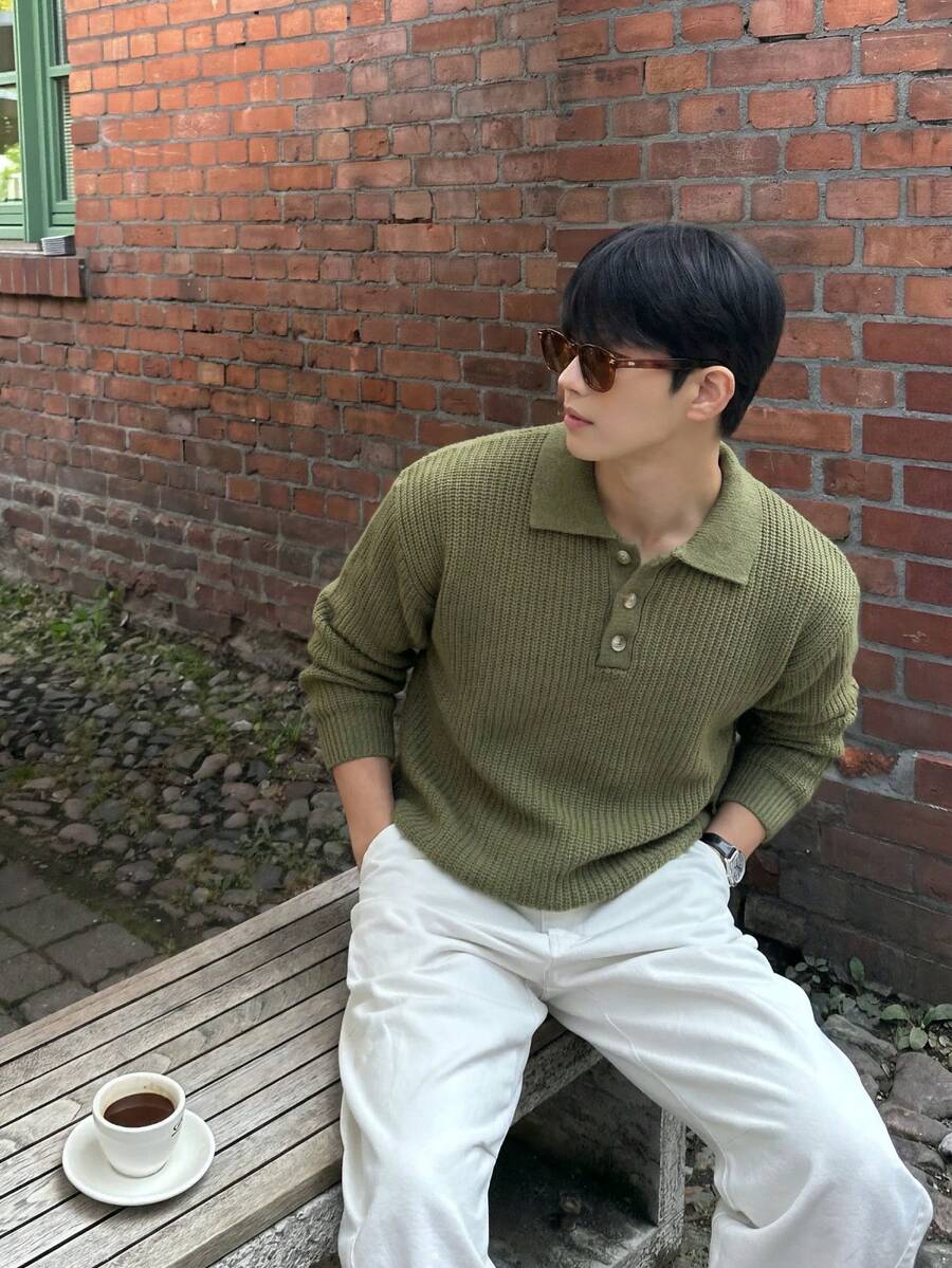 Men's Solid Color Loose Comfortable Textured Neutral Style Unisex Slouchy Textured Polo Collar Long Sleeve Sweater Autumn/Winter - Green - View 1
