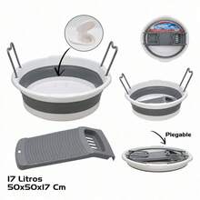 17L Foldable Manual Laundry Tub With Integrated Washboard And Handles, Portable Plastic Basin For Small Clothes, 50x50x17 Cm, White And Grey - White - View 7