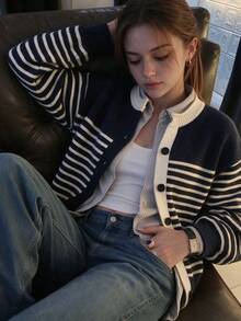 Fall/Winter Elegant Casual Preppy Striped Cardigan Sweater Blouse For Women - Navy Blue - View 7