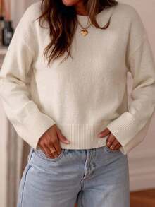 Live To Mo Women French‑Style Round Neck Loose Knitted Sweater, Dropped Shoulder Sleeve Short Knit Top For Fall Back To School & Daily Wear - Beige - View 6