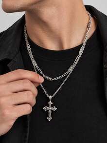2pcs/Set Punk Style Layered Cross Pendant Necklace For Men, Street Hip-Hop High-End Fashion Accessory, Versatile Streetwear Accessory, Daily Wear, Street , Hip-Hop Style - Ancient White K - View 2