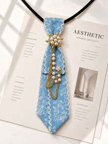 1pc Women's Denim Leaf Lace Beaded Decorative Small Collar Bow Tie, Suitable For Office And Gatherings - Multicolor - View 8