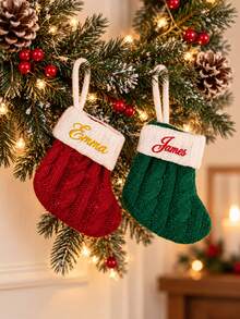 1PC Mini Custom Embroidered Cable Knit Christmas Stocking Personalized Name Xmas Sock, Small Hanging Ornament For Christmas Tree, Unique Holiday Keepsake Gift For Family Members, Custom Embroidery Stocking For Indoor Home Xmas Arrangement. - Multicolor - View 7