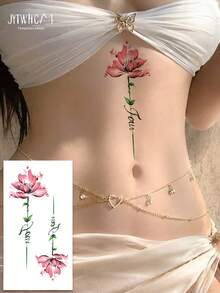 1pc Waterproof Temporary Tattoo Sticker, Herbal Ink, Watercolor Pink Floral With Cursive Lettering Design, Long-Lasting Fake Tattoo, Suitable For Back, Neck, Shoulder Body Art Sticker, Fashionable Body Decoration For Women And Girls - Black - View 2