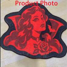 1pc Vampire Girl Tattoo Flash Art Rug, Black & Red Gothic Portrait Creative Floor Mat, Asymmetrical Shaped Cut Decorative Carpet, Soft Plush Subculture Style Bedroom Living Room Studio Dorm Decor, Traditional Tattoo Style Rug, Housewarming Gift - Black - View 5