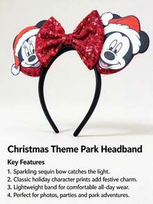 Disney 1PC Mickey Minnie Christmas Sequin Ear Headband, Red Sequin Bow Santa Hat Print, Accessory For Theme Park & Xmas Gathering - Multicolor - View 9