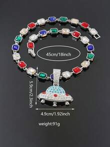 1pc European And American Hip-Hop Style UFO Flying Saucer Full Rhinestone Pendant Necklace, Colorful Square Rhinestone Chain Personalized Street Fashion Accessory - UFO Pendant Necklace - View 9