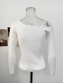 Asymmetrical Shoulder Asymmetric Knit Long Sleeve Slim Fit Flattering Solid Color Top For Women, Spring/Autumn, Sweet & Spicy Style - White - View 7