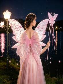Fairy Butterfly Wings And Butterfly Magic Wand Set, Tulle Butterfly Wings With Long Ribbon Magic Wand, Suitable For Halloween Cosplay, Party Costume And Photography Props - Multicolor - View 10