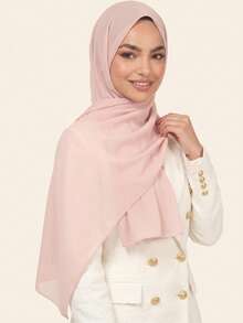 1pc Women's Solid Color Pearl Chiffon Soft Headscarf, Arabic Casual Long Scarf, Conservative Solid Color Headwrap, Suitable For Middle East Daily Use - Sand Powder - View 1
