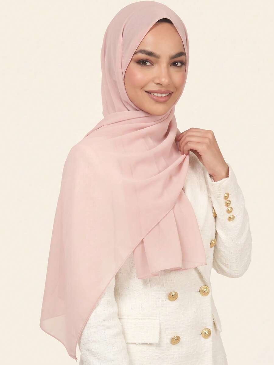 1pc Women's Solid Color Pearl Chiffon Soft Headscarf, Arabic Casual Long Scarf, Conservative Solid Color Headwrap, Suitable For Middle East Daily Use - Sand Powder - View 1