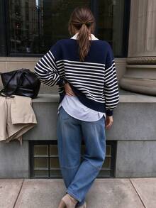 Fall/Winter Elegant Casual Preppy Striped Cardigan Sweater Blouse For Women - Navy Blue - View 3