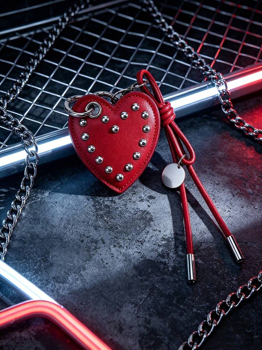 JRESSIAL Y2K Punk Rivet Black Faux Leather Heart Keychain Gothic Heart-Shaped Buckle Bag Charm Cool Street Style Backpack Pendant Girls Gift, Wallet Charm - Red - View 1