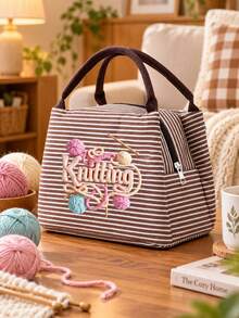 Printed Yarn, Scissors And Knitting Needles Handbag For Storing Sewing Tools, Makeup, And Small Personal Items. Multiple Fresh Striped Color Combinations, Suitable For Handmade Enthusiasts And Commuting, Artistic Handmade Healing Style, Perfect As A Practical Creative Gift Handbag For Girls Who Love Knitting And Sewing - A - View 2