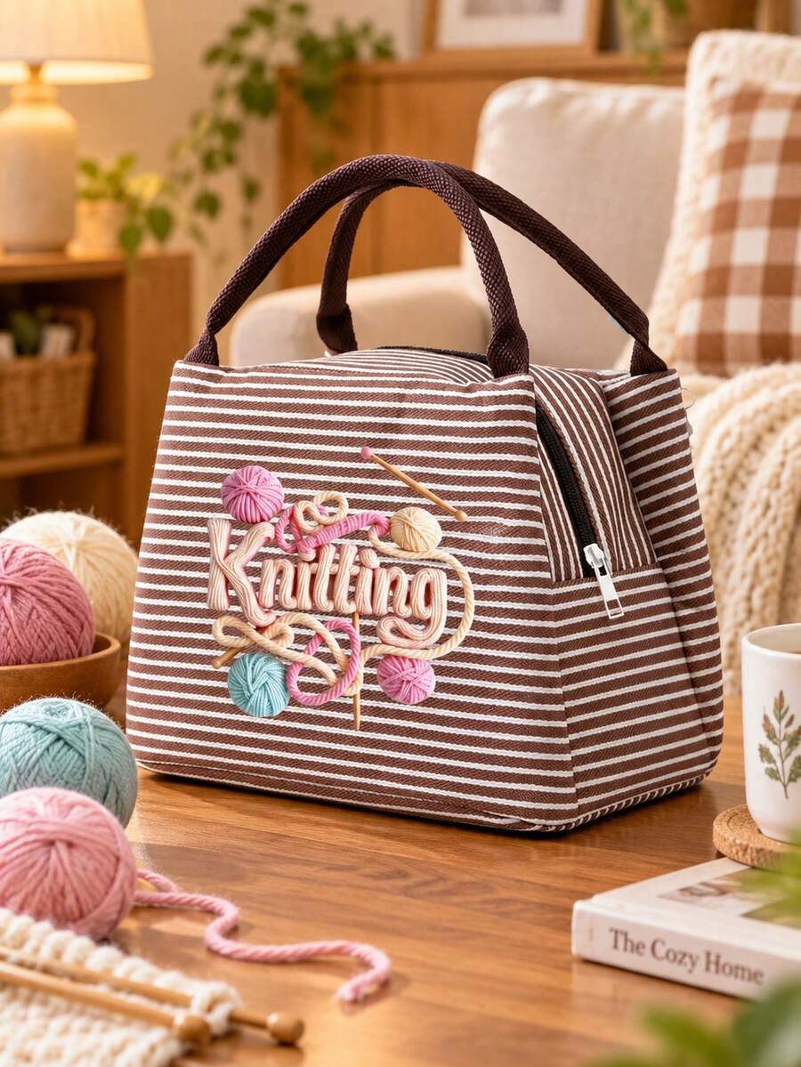 Printed Yarn, Scissors And Knitting Needles Handbag For Storing Sewing Tools, Makeup, And Small Personal Items. Multiple Fresh Striped Color Combinations, Suitable For Handmade Enthusiasts And Commuting, Artistic Handmade Healing Style, Perfect As A Practical Creative Gift Handbag For Girls Who Love Knitting And Sewing