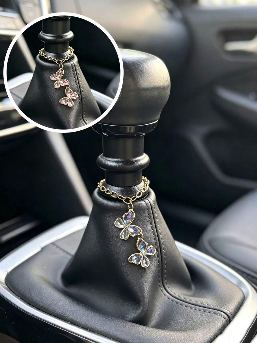 1pc Crystal Butterfly Car Gear Shift Knob Chain Charm, Car Shift Lever Hanging Ornament, Car Accessories, Car Interior Decoration - A - View 1