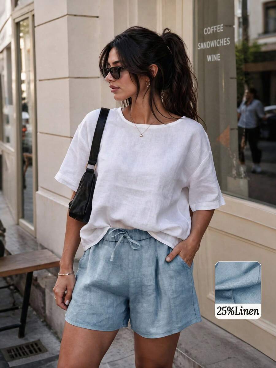 Women's Linen Fabric Elastic Waist Drawstring Casual Shorts Summer - Baby Blue - View 1