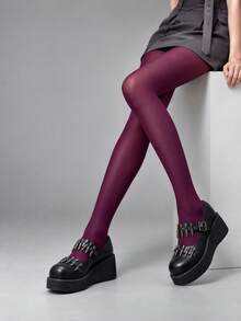 1 Pair Women's Deep Purple Solid Opaque Tights, Soft Elastic Pantyhose, Suitable For Spring/Autumn Daily, Gothic And Y2K Outfits - Purple - View 2
