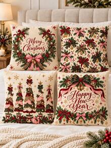 shangxia 4PCS--American Country Christmas Cushion Covers, Pink Plaid Ribbon Pine Branch Berry Print Pillowcases Living Room Holiday Decor--(Pillow Insert Not Included)---(Multiple Sizes)---(No Embroidery)---(Single-Sided Print) - Multicolor - View 1