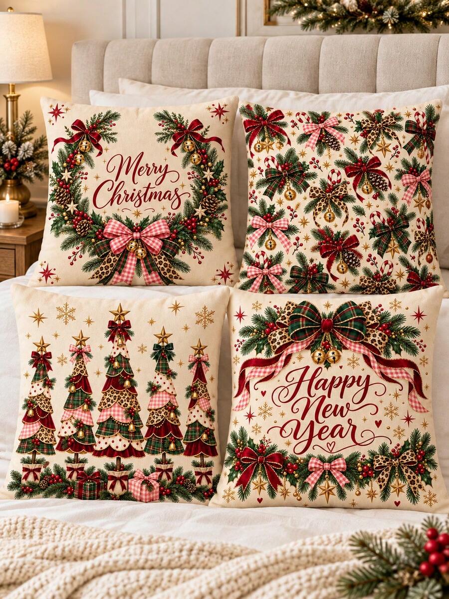shangxia 4PCS--American Country Christmas Cushion Covers, Pink Plaid Ribbon Pine Branch Berry Print Pillowcases Living Room Holiday Decor--(Pillow Insert Not Included)---(Multiple Sizes)---(No Embroidery)---(Single-Sided Print) - Multicolor - View 1