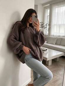 Solid Brown Round Neck Button Front Lantern Long Sleeve Mid Length Knit Cardigan Women Vintage Elegant Lazy Style Sweater Coat For Autumn Winter - Light Brown - View 4