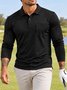 Men's Autumn Long Sleeve Polo Shirt With Chest Pocket, Solid Color Collar Button-Up Top, Suitable For Outdoor Golf And Daily Wear - Black - View 2