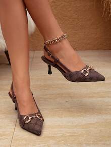 Brown Printed Pointed Toe Stilettos High Heels, Classic Metal Buckle Stiletto Pumps, Suitable For Summer Commute, Date, Banquet, Party - Brown - View 1